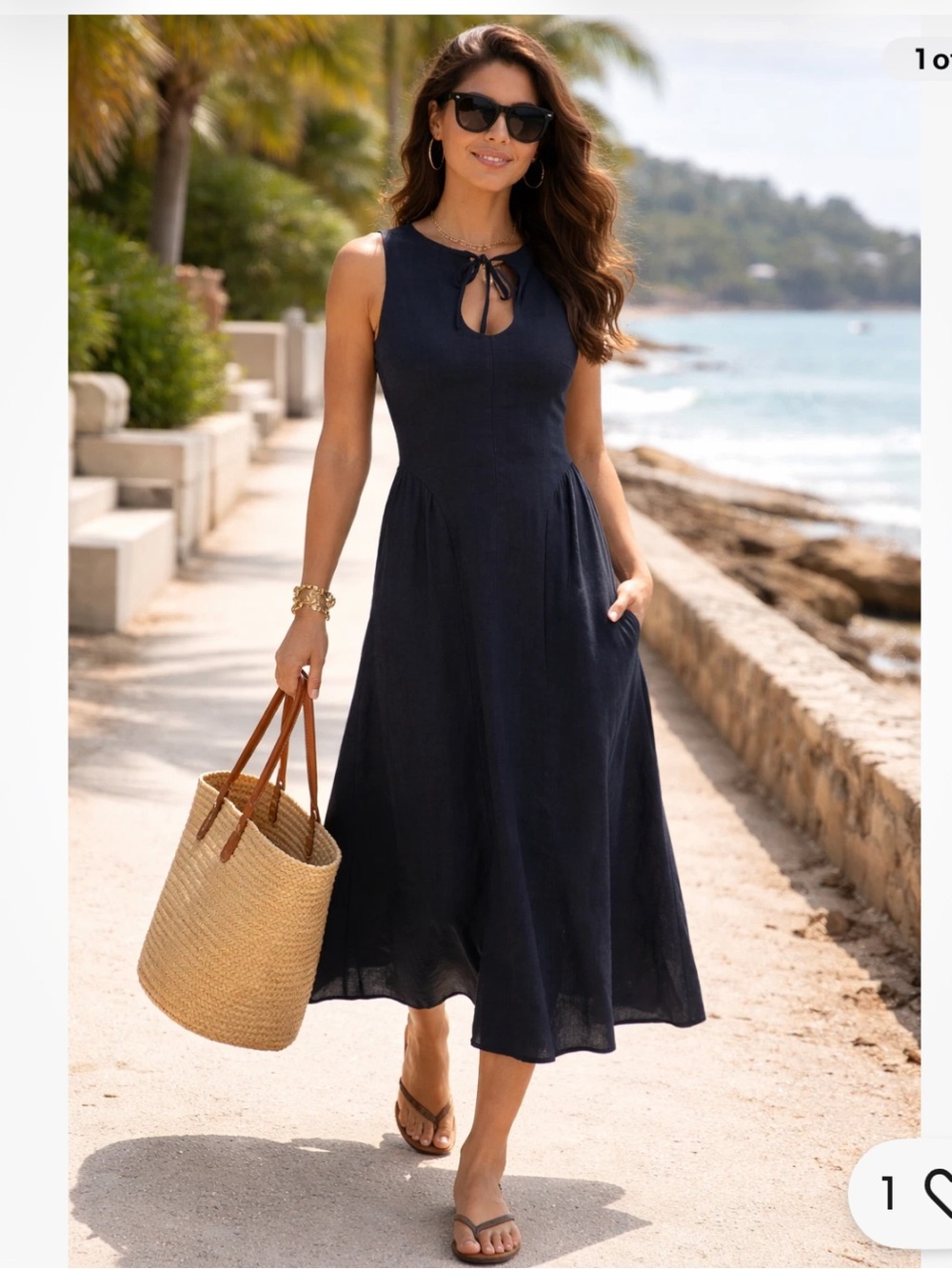 Camila Coelho Navy Blue Linen-Blend Tie-Neck Midi Dress